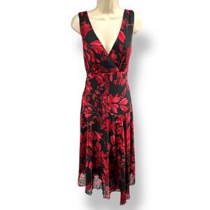 NWT Connected Apparel‎ Size 4 Red Floral Black Chiffon Midi High Low Dress